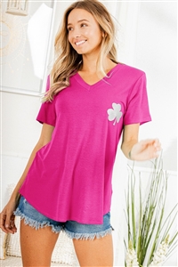 S35-1-1-HM-ET6279-10-FCH - SHORT SLEEVE V NECK SOLID TOP WITH CLOVER PRINTED- FUCHSIA 2-2-2