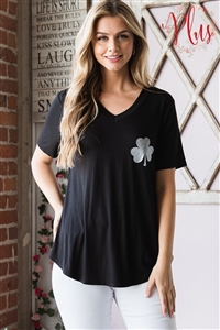 S35-1-1-HM-ET6279-10X-BK - PLUS SIZE SHORT SLEEVE V NECK SOLID TOP WITH CLOVER PRINTED- BLACK 2-2-2