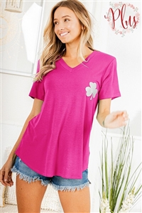 S35-1-1-HM-ET6279-10X-FCH - PLUS SIZE SHORT SLEEVE V NECK SOLID TOP WITH CLOVER PRINTED- FUCHSIA 2-2-2