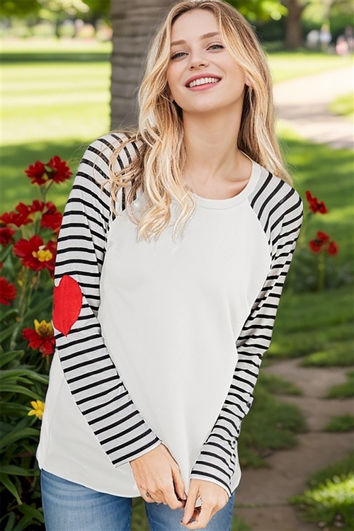 HM-ET6636-10X-IV-PLUS SIZE LONG SLEEVE SOLID & STRIPE PRINT CONTRAST TOP W/ HEART ELBOW PATCH DETAIL-IVORY-2-2-2