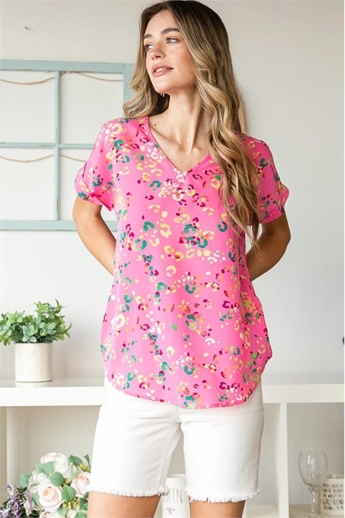S35-1-1-HM-ET6713-11-PKMLT - DOLMAN SHORT SLEEVE WITH BAND V NECK MULTI COLOR ANIMAL PRINT TOP WITH DOLPHIN HEM AND TUNIC DETAIL- PINK MULTI 2-2-2