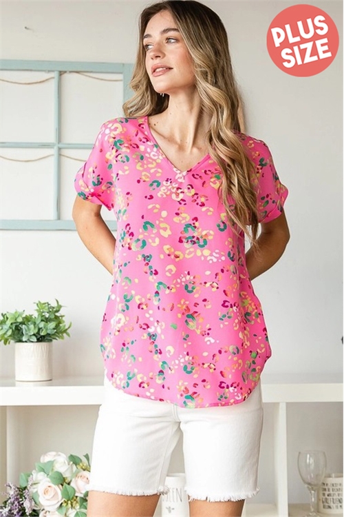 S35-1-1-HM-ET6713-11X-PKMLT - DOLMAN SHORT SLEEVE WITH BAND V NECK MULTI COLOR ANIMAL PRINT TOP WITH DOLPHIN HEM AND TUNIC DETAILX SIZE- PINK MULTI 2-2-2