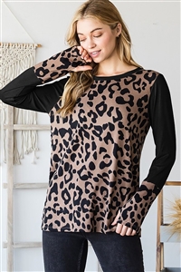 HM-ET6736-11-BK-LONG SLEEVE ROUND NECK SOLID AND ANIMAL PRINT CONTRAST TOP WITH THUMBHOLE DETAIL-BLACK-2-2-2