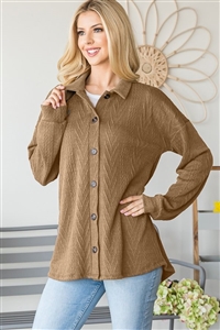 S35-1-1-HM-ET6737-10-CML - LONG PUFF SLEEVE COLLAR NECK SOLID SHACKET BUTTON DOWN- CAMEL 2-2-2