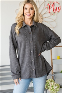 S35-1-1-HM-ET6737-10X-CH - PLUS SIZE LONG PUFF SLEEVE COLLAR NECK SOLID SHACKET BUTTON DOWN- CHARCOAL 2-2-2
