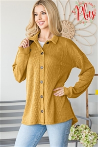 S35-1-1-HM-ET6737-10X-MU - PLUS SIZE LONG PUFF SLEEVE COLLAR NECK SOLID SHACKET BUTTON DOWN- MUSTARD 2-2-2