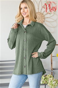 S35-1-1-HM-ET6737-10X-OV - PLUS SIZE LONG PUFF SLEEVE COLLAR NECK SOLID SHACKET BUTTON DOWN- OLIVE 2-2-2