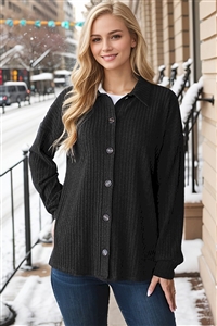 HM-ET6737-12-BK-LONG SLEEVE BASIC COLLAR SOLID RIBBED SHACKET WITH BUTTON DOWN DETAIL-BLACK-2-2-2