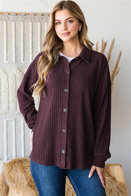 HM-ET6737-12-PL-LONG SLEEVE BASIC COLLAR SOLID RIBBED SHACKET WITH BUTTON DOWN DETAIL-PLUM-2-2-2