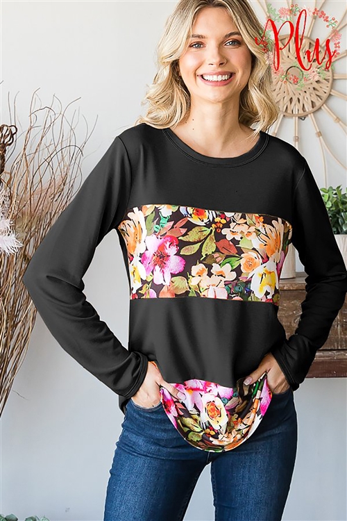 HM-ET6744-11X-BK- PLUS SIZE LONG SLEEVE ROUND NECK SOLID AND FLORAL PRINT CONTRAST TOP-BLACK-2-2-2