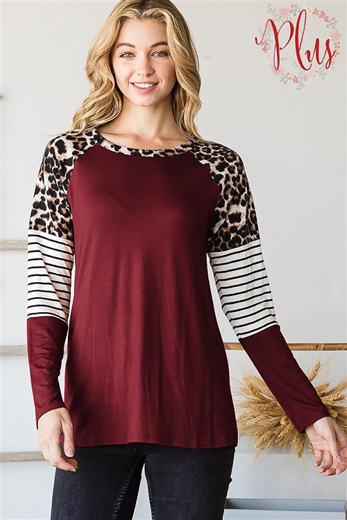 HM-ET6745-15X-MRN-PLUS SIZE LONG SLEEVE ROUND NECK SOLID AND ANIMAL LEOPARD & STRIPE PRINT CONTRAST TOP-MAROON-2-2-2