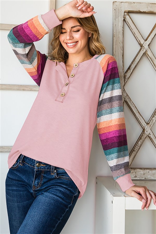 HM-ET6748-11-DPK-LONG PUFF SLEEVE SPLIT ROUND NECK SOLID AND STRIPE PRINT CONTRAST TOP-DUSTY PINK-2-2-2