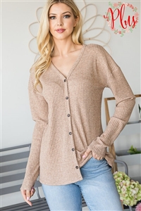 S35-1-1-HM-ET6749-10X-DKMC - PLUS SIZE LONG SLEEVE V-NECK SOLID RIBBED CARDIGAN FRONT BUTTON- DK. MOCHA 2-2-2