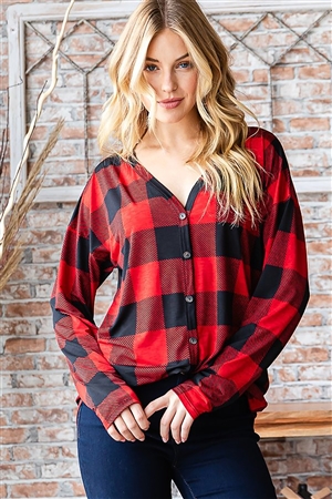 HM-ET6749-15-BKRD-LONG SLEEVE V NECK PLAID PRINT TOP WITH FRONT BUTTON DOWN DETAIL-BLACK/RED-2-2-2