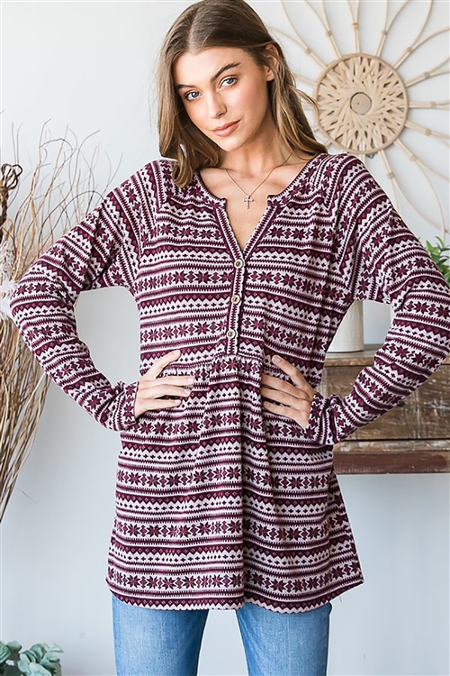 HM-ET6755-12-BU-LONG SLEEVE SPLIT V NECK CHRISTMAS SNOWFLAKE PRINT BABYDOLL TOP-BURGUNDY-2-2-2