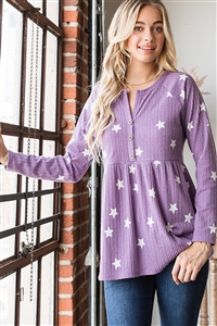 HM-ET6755-21-LV-LONG SLEEVE SPLIT V NECK STAR PRINT BABYDOLL TOP W/ FRONT BUTTON & SHIRRING DETAIL-LAVENDER-2-2-2