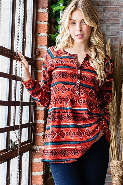 HM-ET6755-23-RUMLT-LONG SLEEVE SPLIT V NECK AZTEC PRINT BABYDOLL TOP W/SHIRRING & FRONT BUTTON DETAIL-RUST MULTI-2-2-2