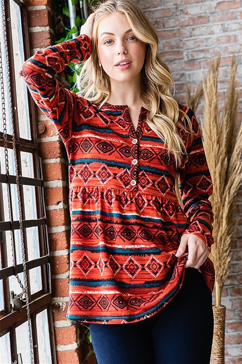 HM-ET6755-23X-RUMLT-PLUS SIZE LONG SLEEVE SPLIT V NECK AZTEC PRINT BABYDOLL TOP W/SHIRRING DETAIL-RUST MULTI-2-2-2