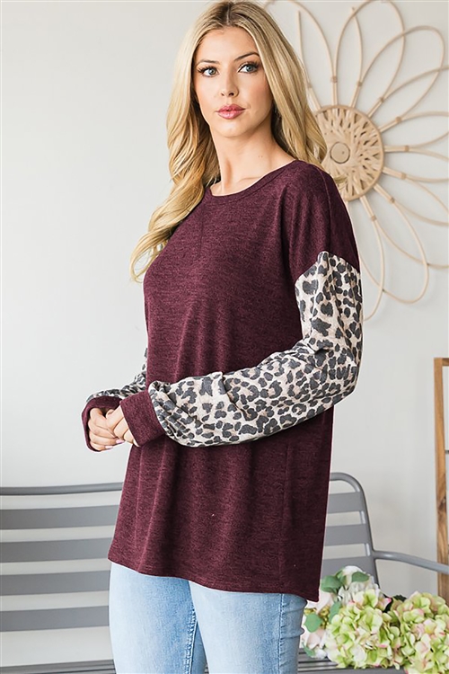 HM-ET6761-10-BU-LONG PUFF SLEEVE ROUND NECK SOLID AND ANIMAL LEOPARD PRINT CONTRAST TOP-BURGUNDY-2-2-2