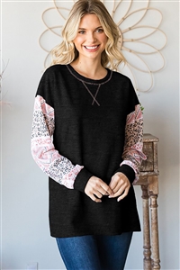 HM-ET6761-13-BK-LONG PUFF SLEEVE ROUND NECK SOLID & ANIMAL AZTEC PRINT CONTRAST TOP W/ STITCH DETAIL-BLACK-2-2-2