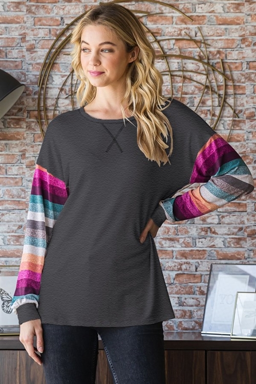 S35-1-1-HM-ET6761-14-CH2T - LONG PUFF SLEEVE SOLID AND STRIPE PRINT CONTRAST TOP- CHARCOAL 2T 2-2-2