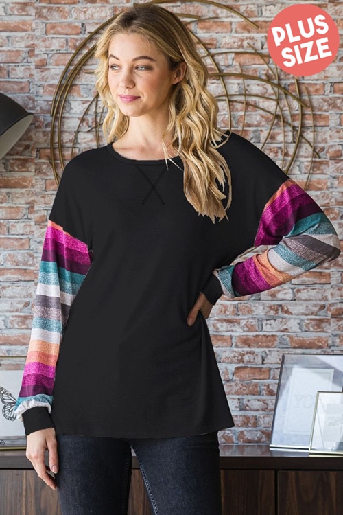 S35-1-1-HM-ET6761-14X-BK - PLUS SIZE LONG PUFF SLEEVE SOLID AND STRIPE PRINT CONTRAST TOP- BLACK 2-2-2