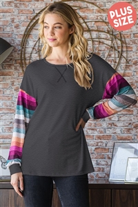 S35-1-1-HM-ET6761-14X-CH2T - PLUS SIZE LONG PUFF SLEEVE SOLID AND STRIPE PRINT CONTRAST TOP- CHARCOAL 2T 2-2-2