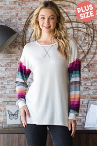 S35-1-1-HM-ET6761-14X-OTM - PLUS SIZE LONG PUFF SLEEVE SOLID AND STRIPE PRINT CONTRAST TOP- OATMEAL 2-2-2