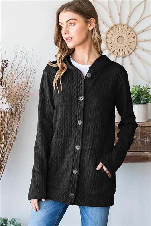 HM-ET6771-10X-BK-PLUS SIZE LONG SLEEVE HOOD SOLID CARDIGAN W/ FRONT BUTTON & FRONT POCKET DETAIL-BLACK-2-2-2