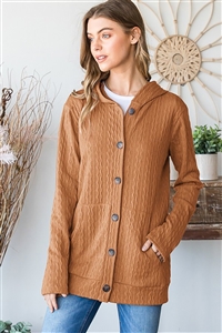 HM-ET6771-10X-CRML-PLUS SIZE LONG SLEEVE HOOD SOLID CARDIGAN W/ FRONT BUTTON & FRONT POCKET DETAIL-CARAMEL-2-2-2