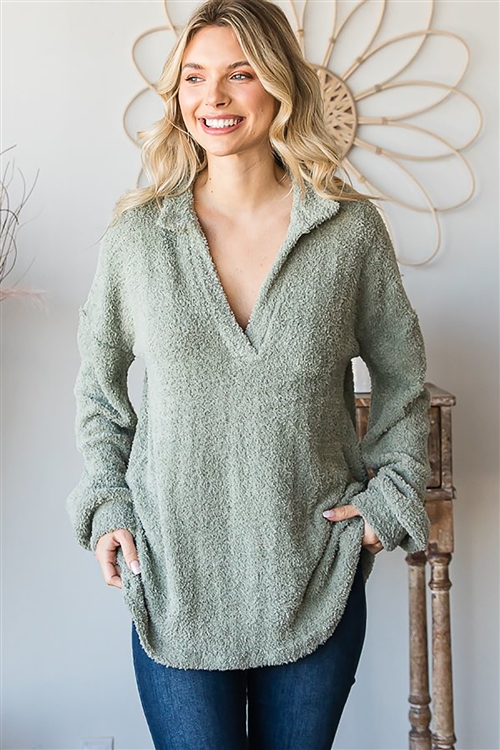 HM-ET6772-10X-SG-PLUS SIZE LONG PUFF SLEEVE SPLIT V NECK SOLID FUZZY TOP-SAGE-2-2-2