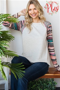 HM-ET6775-10X-OTM-PLUS SIZE LONG SLEEVE ROUND NECK SOLID AND ANIMAL AND STRIPE PRINT CONTRAST TOP-OATMEAL-2-2-2