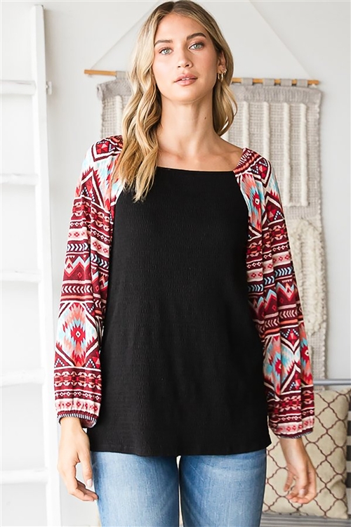 HM-ET6797-10-BK-LONG PUFF SLEEVE SOLID & AZTEC PRINT CONTRAST TOP W/ OPEN SHOULDER DETAIL-BLACK-2-2-2