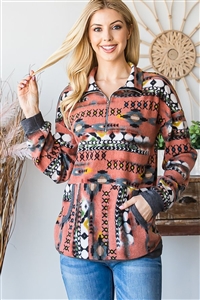 HM-ET6802-10-RUMLT-LONG PUFF SLEEVE MULTI COLOR AZTEC PRINT TOP WITH FRONT POCKET-RUST  MULTI-2-2-2