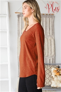 HM-ET6807-10X-RU-PLUS SIZE LONG SLEEVE ROUND NECK SOLID RIBBED TOP WITH THUMBHOLE DETAIL-RUST-2-2-2