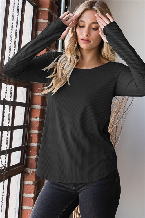 S35-1-1-HM-ET6807-11-BK - LONG SLEEVE ROUND NECK SOLID RIBBED TOP WITH THUMBHOLE AND DOLPHIN HEM- BLACK 2-2-2