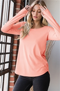 S35-1-1-HM-ET6807-11-BLS - LONG SLEEVE ROUND NECK SOLID RIBBED TOP WITH THUMBHOLE AND DOLPHIN HEM- BLUSH 2-2-2