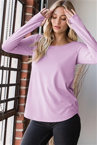 S35-1-1-HM-ET6807-11-LV - LONG SLEEVE ROUND NECK SOLID RIBBED TOP WITH THUMBHOLE AND DOLPHIN HEM- LAVENDER 2-2-2