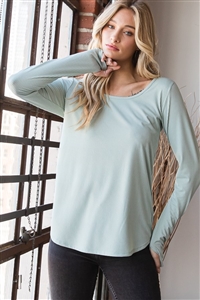 S35-1-1-HM-ET6807-11-SGD - LONG SLEEVE ROUND NECK SOLID RIBBED TOP WITH THUMBHOLE AND DOLPHIN HEM- SAGE DUSTY 2-2-2