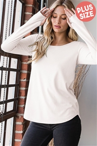 S35-1-1-HM-ET6807-11X-IV - PLUS SIZE LONG SLEEVE ROUND NECK SOLID RIBBED TOP WITH THUMBHOLE AND DOLPHIN HEM- IVORY 2-2-2