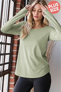 S35-1-1-HM-ET6807-11X-SG - PLUS SIZE LONG SLEEVE ROUND NECK SOLID RIBBED TOP WITH THUMBHOLE AND DOLPHIN HEM- SAGE 2-2-2