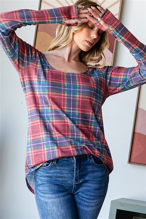 HM-ET6807-15X-RBMLT-PLUS SIZE LONG SLEEVE ROUND NECK PLAID PRINT TOP WITH THUMBHOLE AND DOLPHIN HEM DETAIL-RUBY MULTI-2-2-2