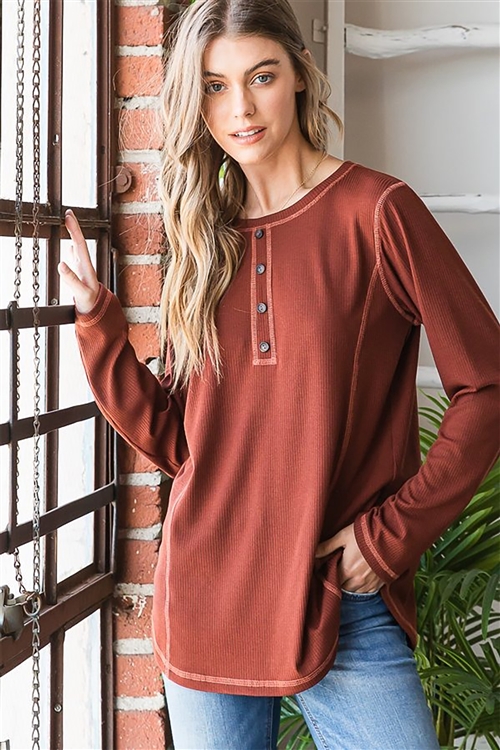 HM-ET6809-10-BR-LONG SLEEVE ROUND NECK SOLID RIBBED TOP WITH FRONT BUTTON AND STITCH DETAIL-BROWN-2-2-2