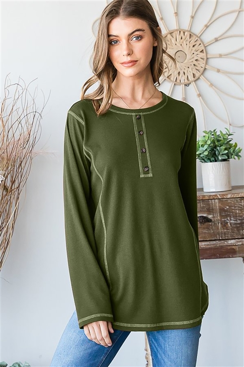 HM-ET6809-10-OV-LONG SLEEVE ROUND NECK SOLID RIBBED TOP WITH FRONT BUTTON AND STITCH DETAIL-OLIVE-2-2-2