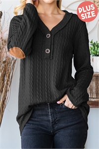 S35-1-1-HM-ET6815-10X-BK - PLUS SIZE BUTTON DETAIL ELBOW PATCH TEXTURED TOP- BLACK 2-2-2