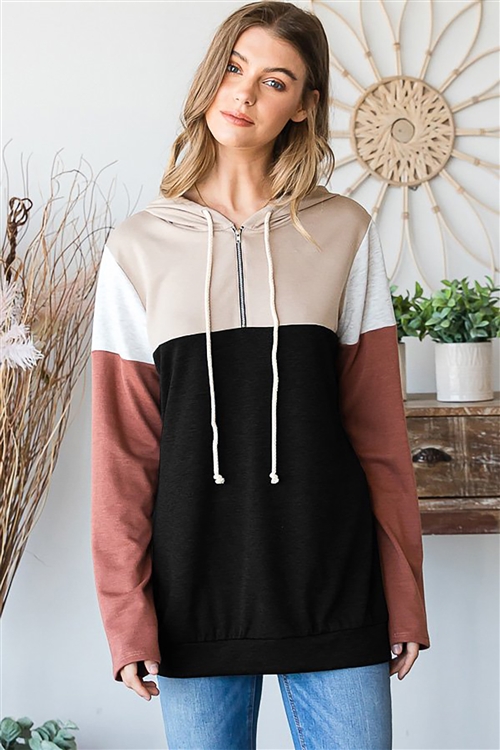 HM-ET6818-10-BK-LONG SLEEVE DRAWSTRING HOOD SOLID COLOR BLOCK HOODIE WITH FRONT ZIPPER DETAIL-BLACK-2-2-2