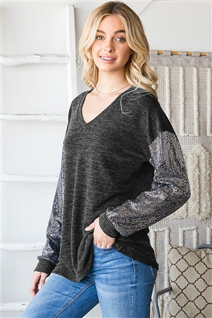 HM-ET6828-11-CH-LONG PUFF SLEEVE V NECK SOLID AND SEQUINS CONTRAST TOP-CHARCOAL-2-2-2