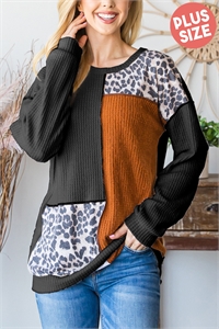 S35-1-1-HM-ET6831-10X-BK - PLUS SIZE LEOPARD CONTRAST COLOR BLOCK WAFFLE TOP- BLACK 2-2-2