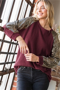 HM-ET6837-10X-BU-PLUS SIZE LONG SLEEVE ROUND NECK SOLID WAFFLE AND SEQUINS CONTRAST TOP-BURGUNDY-2-2-2