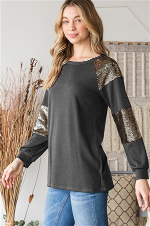 HM-ET6842-10-CH-LONG PUFF SLEEVE ROUND NECK SOLID AND SEQUINS CONTRAST TOP-CHARCOAL-2-2-2